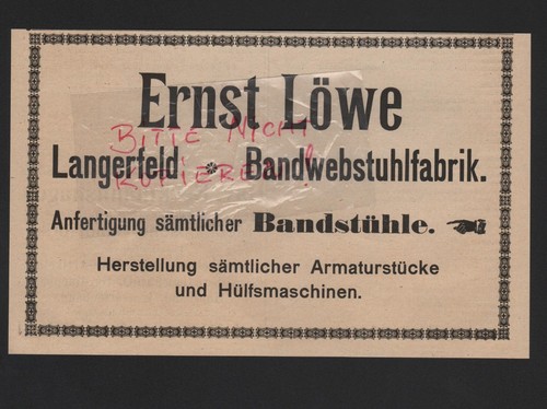 LANGERFELD, Werbung 1909, Ernst Löwe Bandwebstuhl-Fabrik