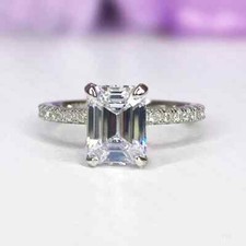 1.88Ctw Emerald Cut Moissanite Hidden Halo Engagement Ring 14K White Gold Plated