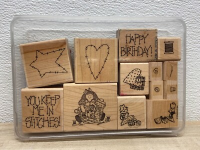 Set Of 13 Mixed Brands Wood Mounted Rubber Stamps