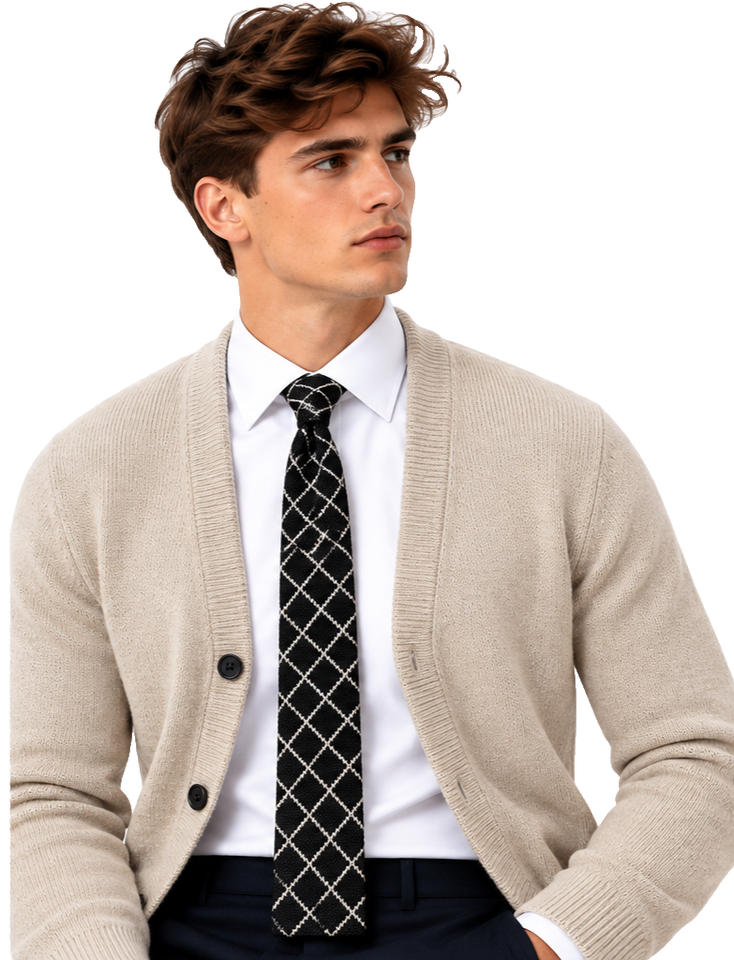 Smart Diamond Watch Diamond Check Knitted Tie for Men Knit Crochet Black Smart Casual ...