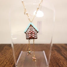 Betsey Johnson necklace gingerbread house with gingerbread people charms signed