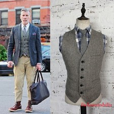 Mens Vintage Tweed Herringbone Waistcoat Single-Breasted V-Neck Wool Blend Vest