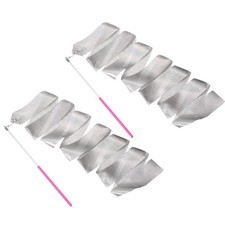 2 Pcs Dance Ribbons 78.7" Sparkly Gymnastics Ribbon Streamers Pink Wand, Silver