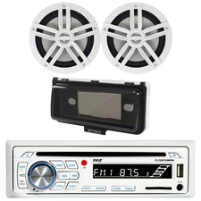 Pyle CD Player White Radio USB Marine Receiver, 2x 6.5" White Speakers, Cover
