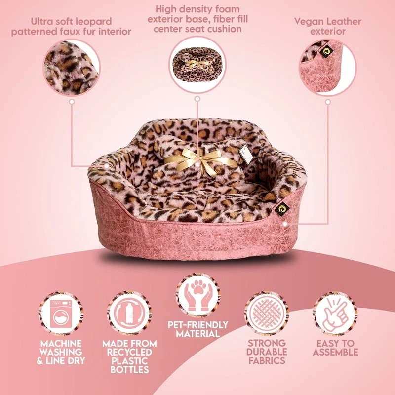 Leopard Princess Cat Dog Bed Faux Fur Cushion Indoor Use W/ Lumbar Pillow - Image 4 of 4