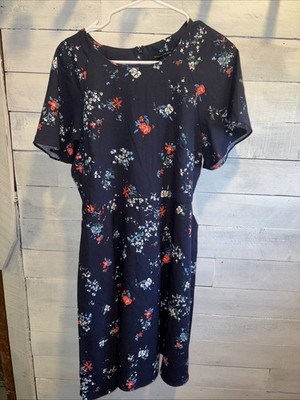 Banana Republic Dress Womens 12 Navy Floral Flutter Fit & Flare Knee Length Work