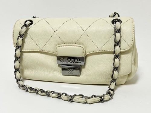 CHANEL Chain Shoulder Bag Leather Off White Silver Hardware Missing Screw Used f