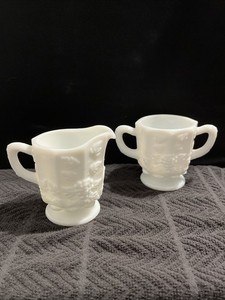 Westmoreland Milk Glass Creamer and Sugar Set – Grape Harvest Pattern Heavy