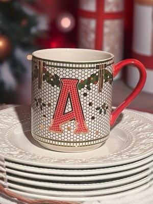 Anthropology Ceramic Christmas Initial Mug ''A'' Red Green White Wreath Inside
