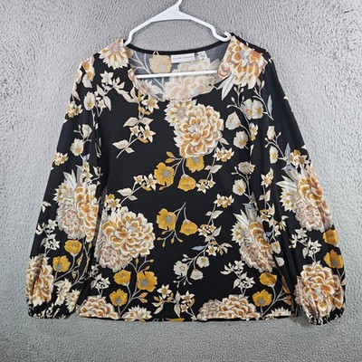 Susan Graver Liquid Knit Floral Top Black Gold Long Sleeve Scoop Neck Womens M
