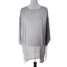 Eileen Fisher Top Womens XL Silk Chiffon Gray Ombre Sheer Tunic Blouse Oversized