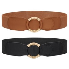 2 Pack Wide Elastic Waist Belt Fits for Waist Size 25"-29" Gold Black brown