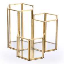 Hipiwe Glass Makeup Brush Holder 3 Slot Mirrored Gold Cosmetics Brush Organiz...