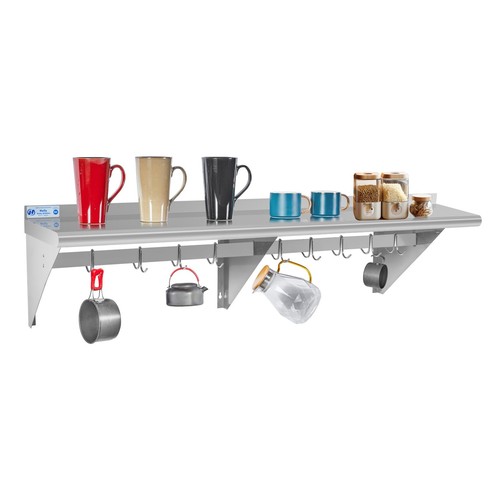 Hally Stainless Steel Shelf with 9 Hooks 18" x 60" Wall Mounted Pot Rack 450l.