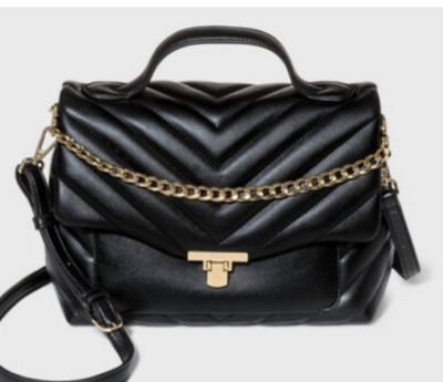 Women s Black Chevron Quilted Shoulder Crossbody Hand Bag Gold Chain Strap Top 