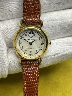 Waltham Interchangeable Moon Quartz Gold Tone White Dial Brown Leather w/Box