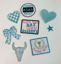 Lot of 8 embroidered Iron On patches, checkered, Mama, DIY projects, funny gift