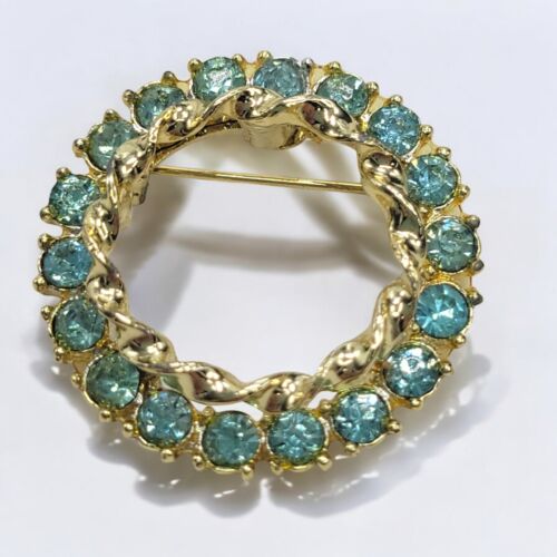 Vintage blaue Strass Kreis Brosche Anstecknadel goldfarben funkelnd 1-1/2" Statement