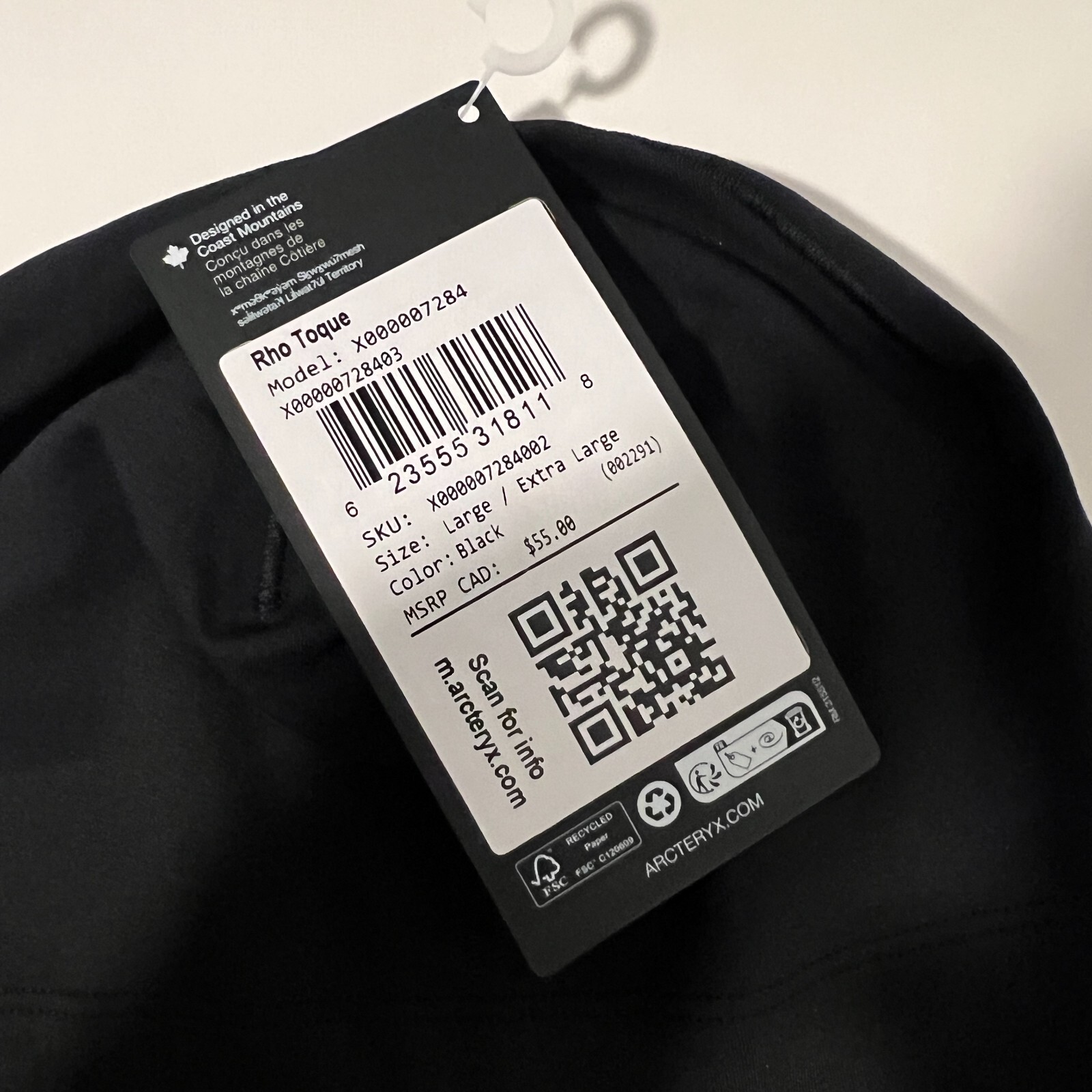 Arc'teryx Rho Beanie Toque Leggero Nero Taglia Large XL