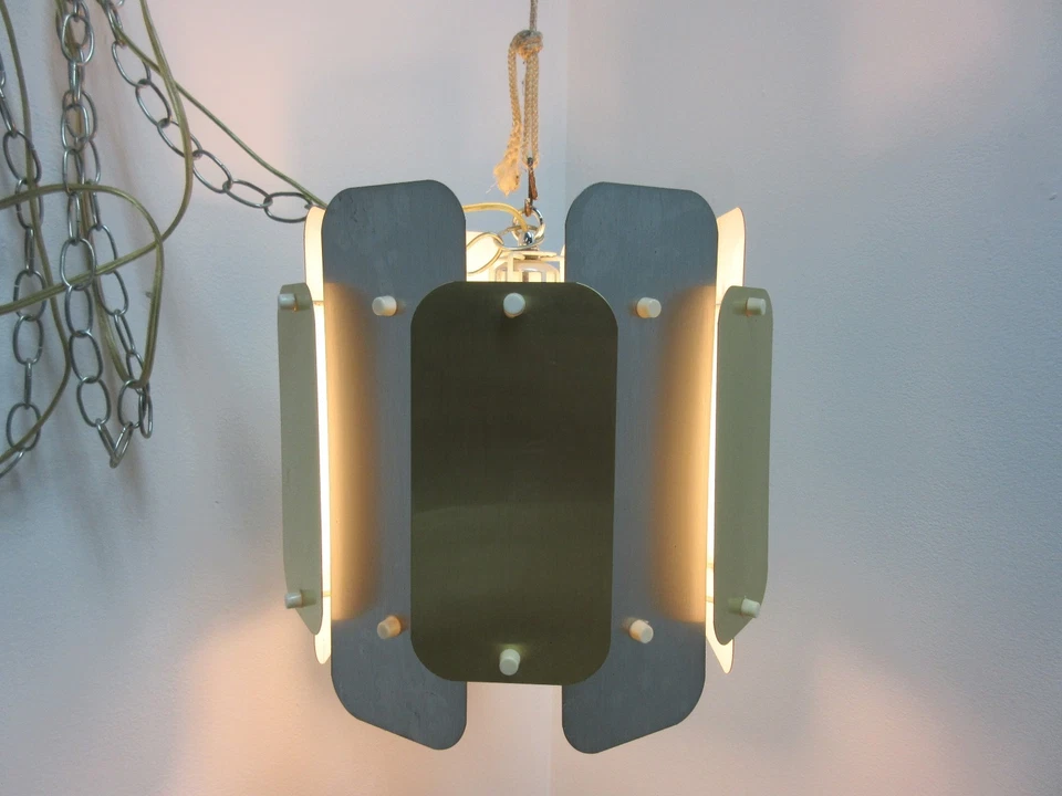 Vintage Mid Century Brass Aluminum Barrel Hanging Light Chandelier - Image 3 of 4