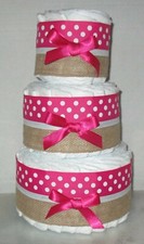 Dark Pink White Burlap 3 Tier Girls Diaper Cake Baby Shower Centerpiece Gift