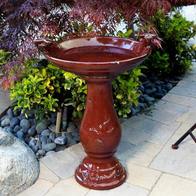 Alpine Corp. TLR102RD Antique Ceramic Bird Bath With 2 Birds Red for