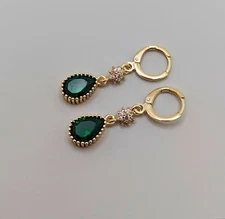 Huggie Drop Earrings 18K Gold with Green Cubic Zirconia