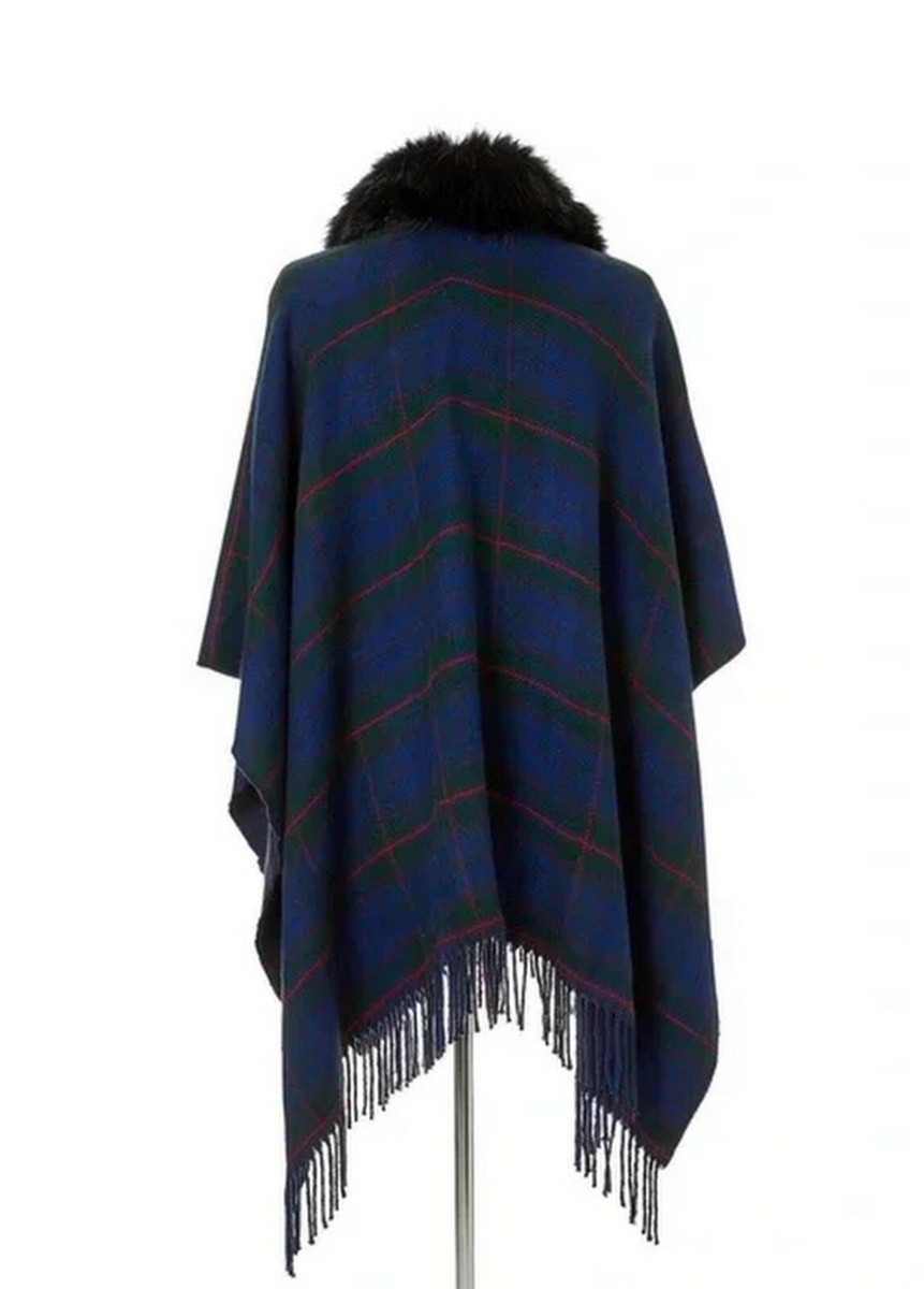 Ralph Lauren Women's Reversible Plaid Cape Ruana w/ Faux Fur