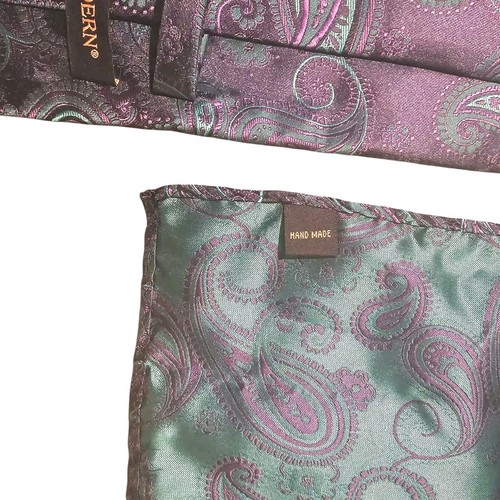 Men's Tie Handkerchief Set Handmade Necktie Hanky Paisley Blue Purple Green - Picture 6 of 7