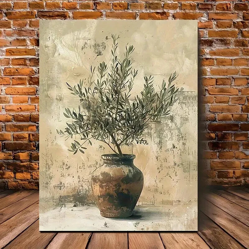 Vintage Olive Potted Branch Wall Art  Canvas Unframed/Framed