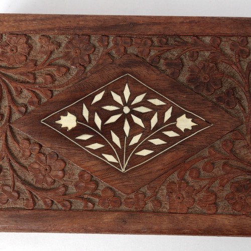 ROSEWOOD JEWELLERY TRINKET BOX HAND CARVED SHELL INLAY INDIA c.1970 20cm L - Picture 8 of 9