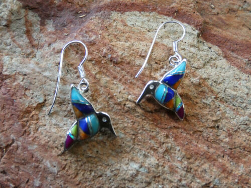 Hummingbird Multi Color Gemstone & Opal Sterling Silver French Wire Earrings Z12 - Picture 3 of 7