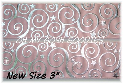 25 YARD ROLL SALE 3'' SWIRLS & STARS PINK SILVER FOIL GROSGRAIN RIBBON CHEER BOW