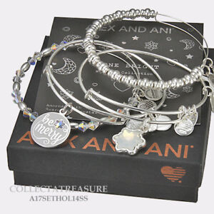 Authentic Alex and Ani Be Merry Set of 4 Shiny Silver Charm Bangle