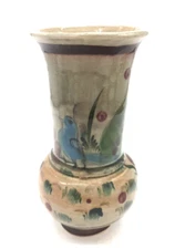 Vintage Tonala Mexican Pottery 9" Green Vase With Blue Bird Signed