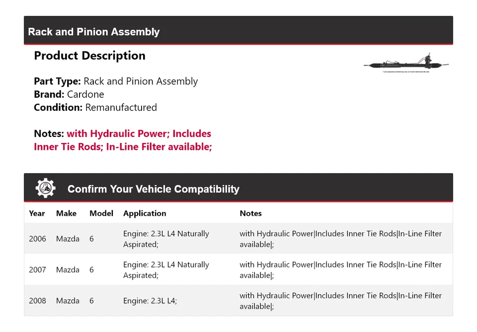 Para 2006-2008 Mazda 6 rack e pinhão conjunto Cardone 2007 - Imagem 2 de 4