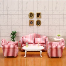 3PC 1/12 Scale Dollhouse Miniature Wooden Sofa Set Stripes Furniture Accessories