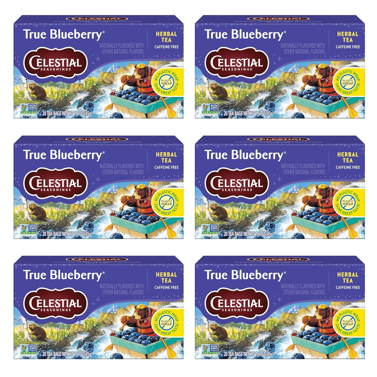 True Blueberry Herbal Tea, Caffeine Free, 20 Tea Bags Box (Pack of 6)