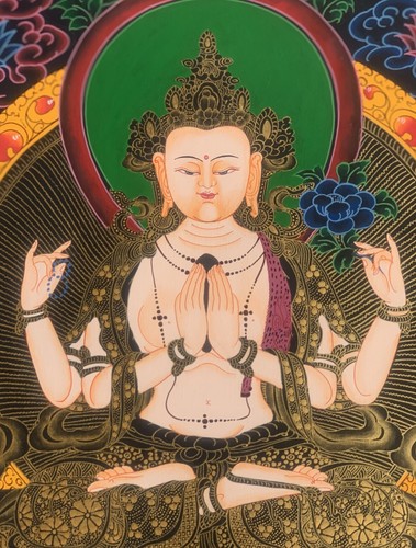 ORIGINAL HAND-PAINTED AVALOKITESHVARA CHENREZIG MEDITATION THANGKA PAINTING - Picture 8 of 9