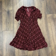 Free People Melody Red Mosaic Short Sleeve Collared Mini Swing Dress, Size 4