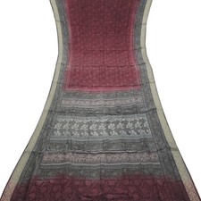 Sari Vintage Borgogna 100% Seta Crepe Pura Stampata Indiana 5YD Tessuto Morbido