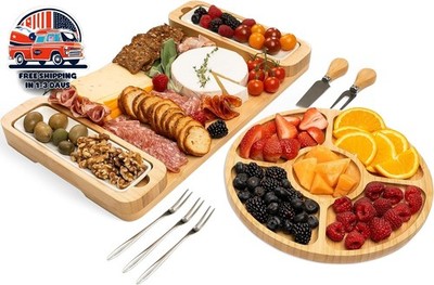 Juego De Regalo De Tablas De Embutidos Y Quesos Grandes De Bambú Con Bandeja NEW