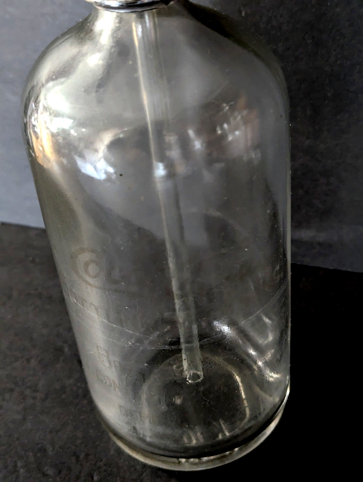 Vtg Clear Glass Seltzer Bottle w/ Removeable Lid w/ "Coca Co A. B. Berlin PA"