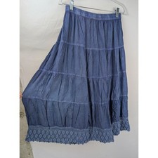 Vintage Y2K Crochet Lace Tiered Maxi Skirt Size M Blue Elastic Prairie Cottage