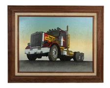 H.Hargrove Oil Printing Semi-Truck Peterbilt On Canvas Vintage 16 x 20" Framed