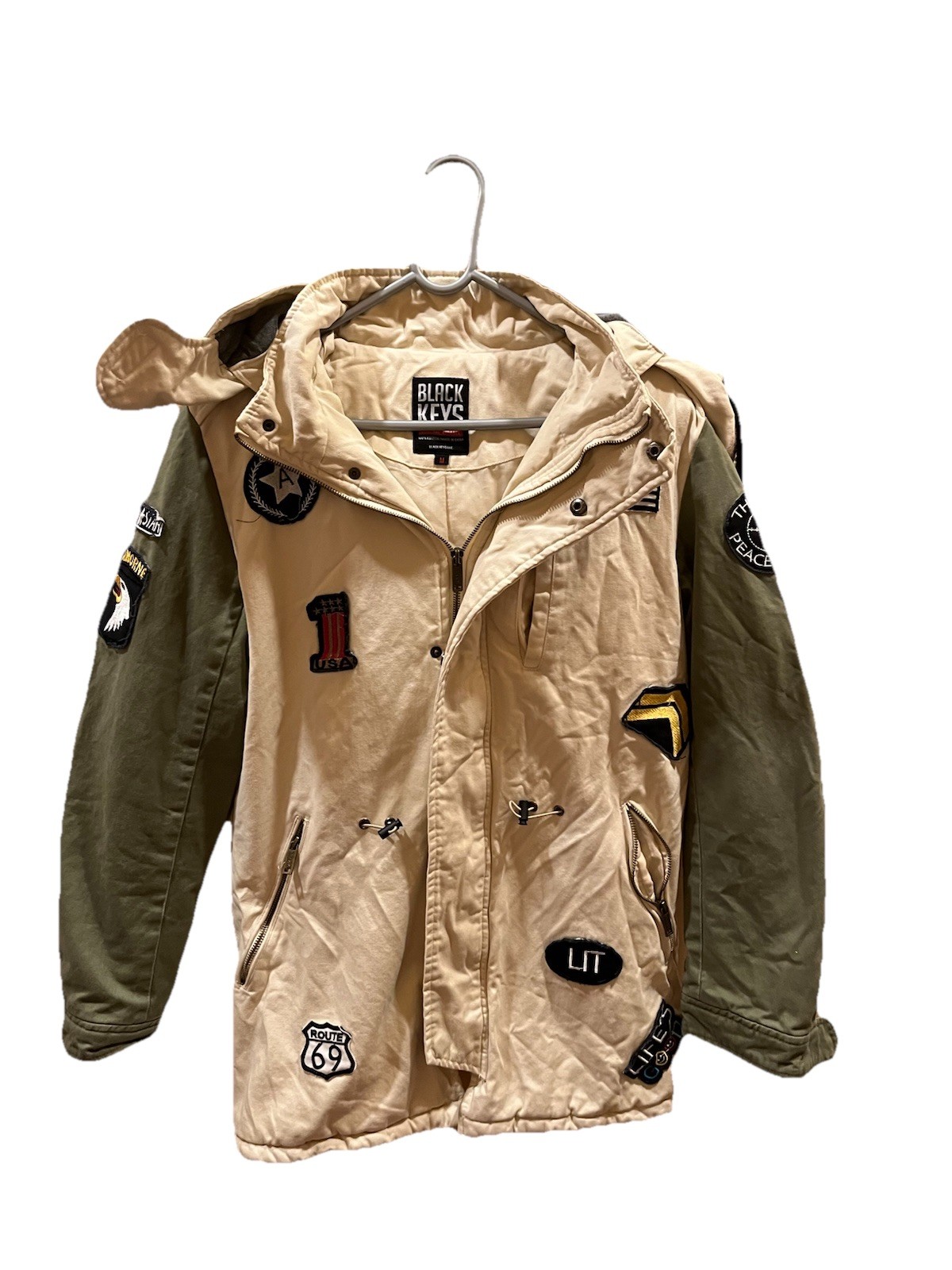 Black Keys Men's Patchwork Hooded Jacket Beige Ol… - image 1