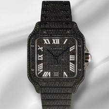 Cartier Santos Large 40mm Steel Black Pvd Iced Out 10ct Diamonds Watch 4072