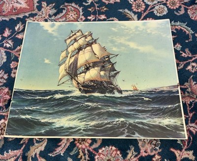 Vtg Cutty Stark Ship at Sea Nautical Art Print Robert Macgregor 1939 Laminate