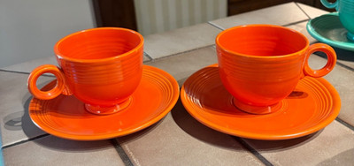 Fiesta Vintage Radioactive Orange  ring handled tea Coffee Cup and Saucer  set 2