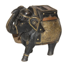 Retro Holz Elefant Koffer Auf Figur Handgeschnitzt Bemalt Schwarz Messing Eng